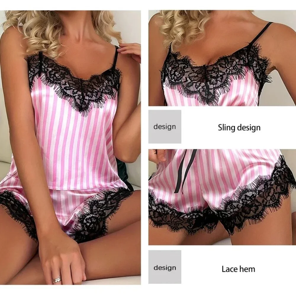 NIP - 2Pc Sexy Camisole Pink & White Stripe with Lace Edge V-Neck Pajama Set - L - Picture 6 of 6